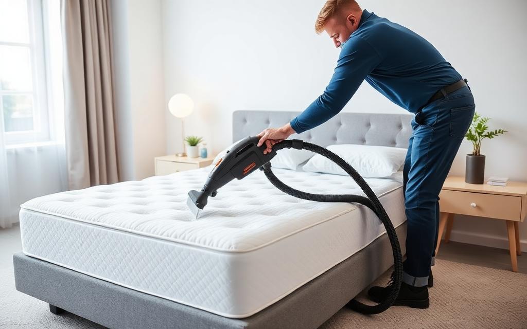 Higienização profissional de colchão em quarto claro
