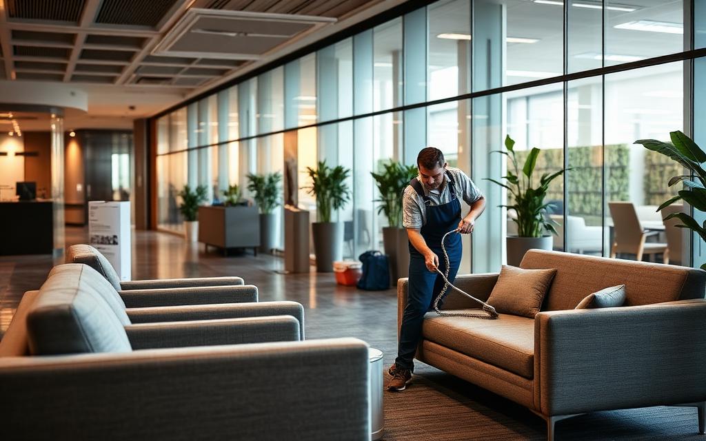Equipe higienizando estofados em lobby corporativo