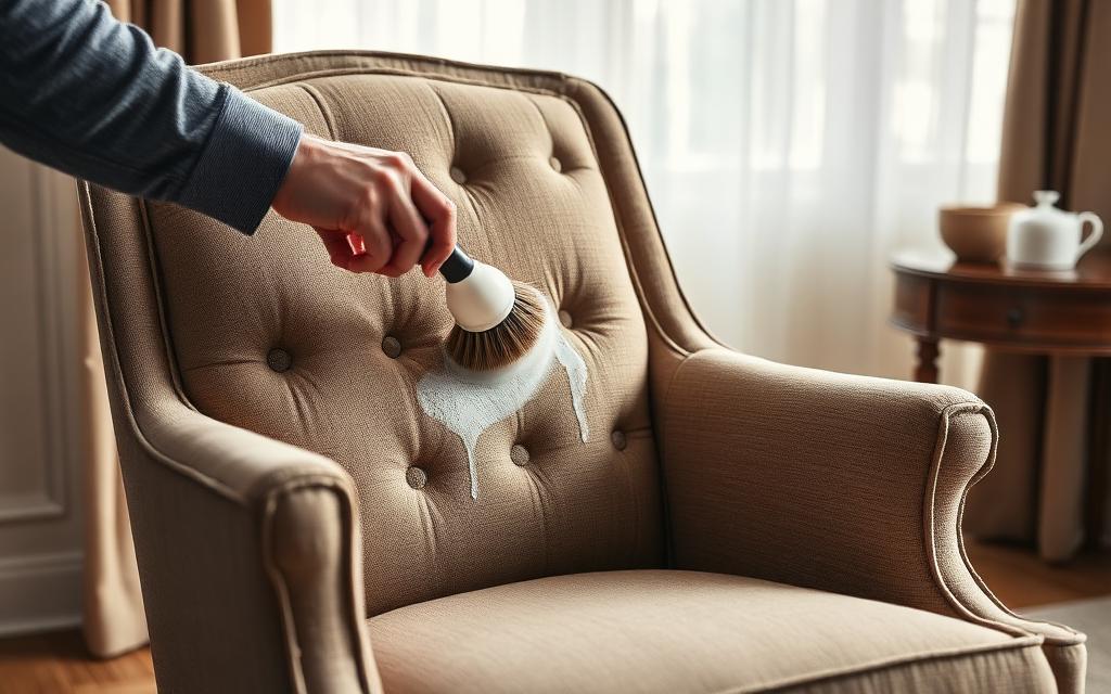 Limpeza cuidadosa de poltrona estofada com escova e espuma