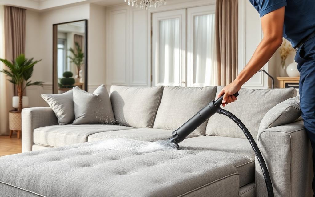 Técnico higienizando sofá de tecido cinza com extratora profissional