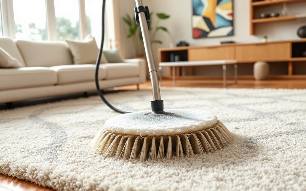 Tapete sendo lavado com máquina rotativa e espuma